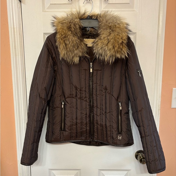 Michael Kors puffer with removable fur collar, chocolate brown, size M - Picture 1 of 6